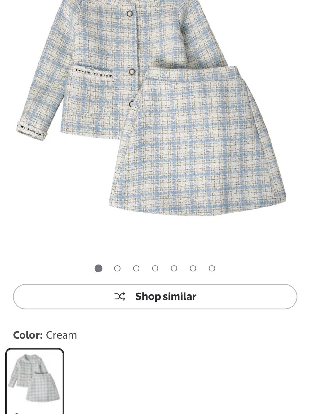Girls' Cream & Light Blue Plaid Tweed Jacket and Skirt Set